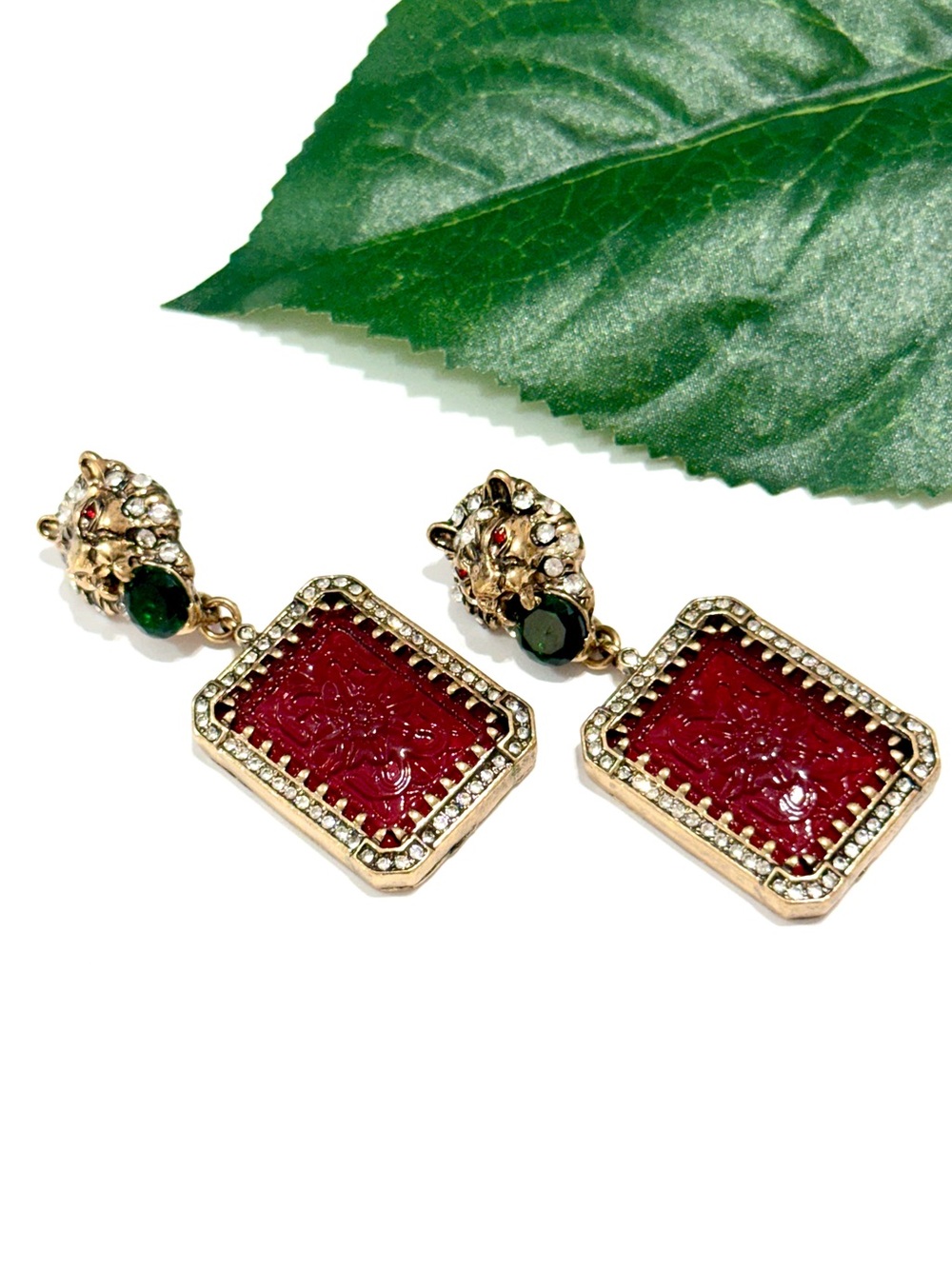 Neiman Marcus Red Jaguar Crystal Drop Earrings NWT